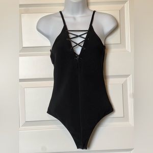EXPRESS Lace Up Criss Cross Sleeveless Stretchy Black Bodysuit